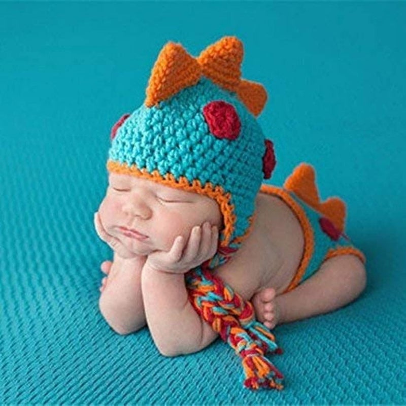 A-cool Crocheted Baby Boy Dinosaur Outfit Newborn Photography Props Handmade Knitted Photo Prop Infant accessories (1-12 Months)